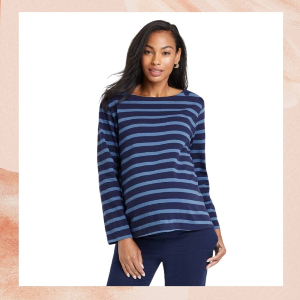 The Nines by HATCH Navy and Light Blue Striped Long Sleeve Tee